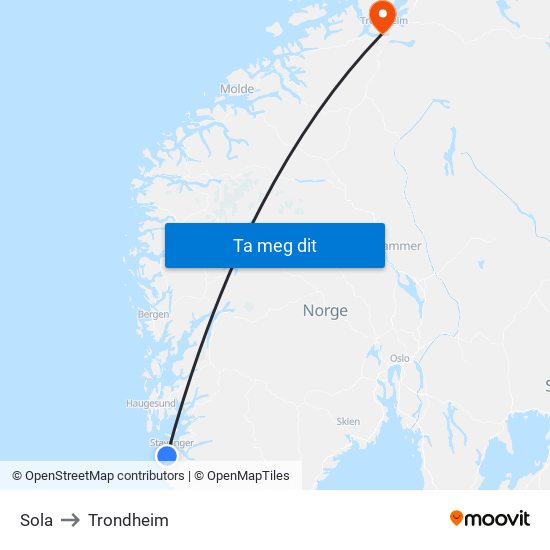 Sola to Trondheim map