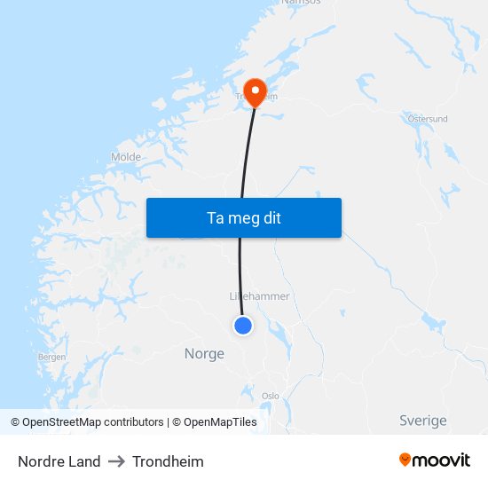 Nordre Land to Trondheim map