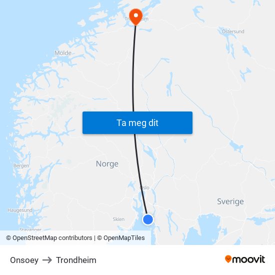 Onsoey to Trondheim map