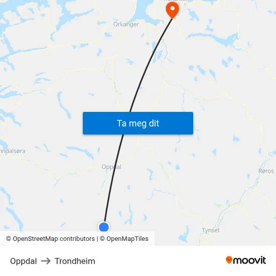 Oppdal to Trondheim map