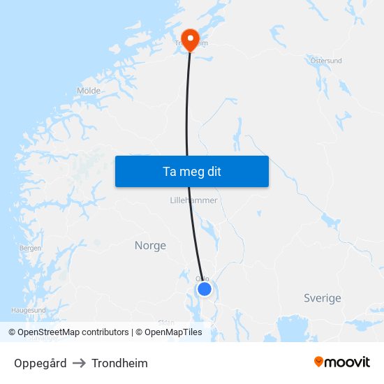 Oppegård to Trondheim map