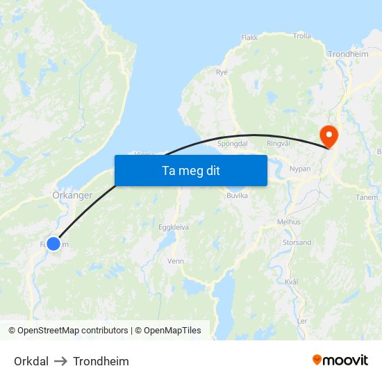 Orkdal to Trondheim map