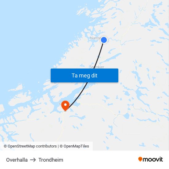 Overhalla to Trondheim map