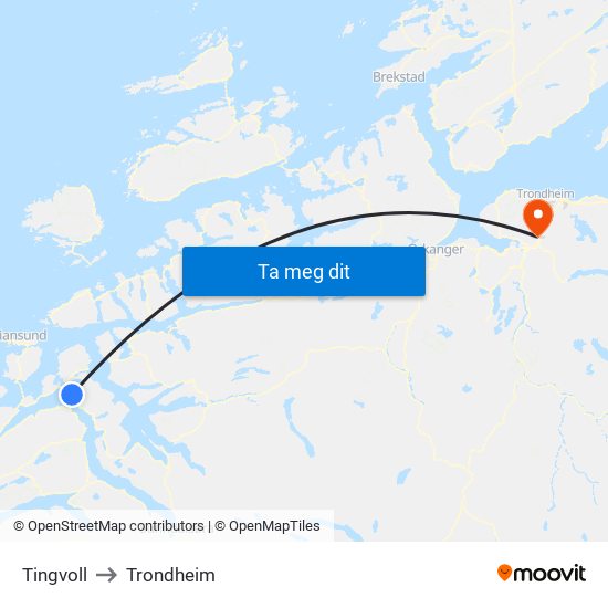 Tingvoll to Trondheim map