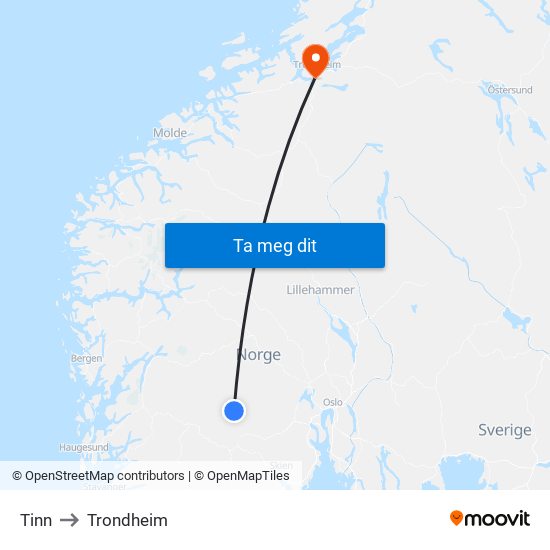Tinn to Trondheim map