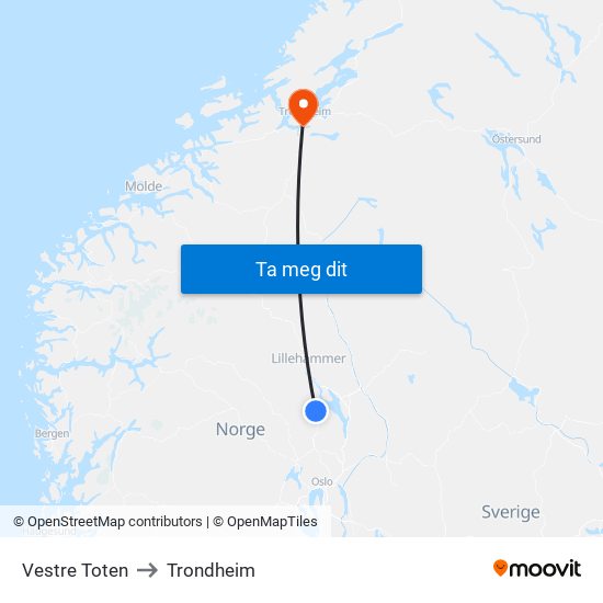 Vestre Toten to Trondheim map