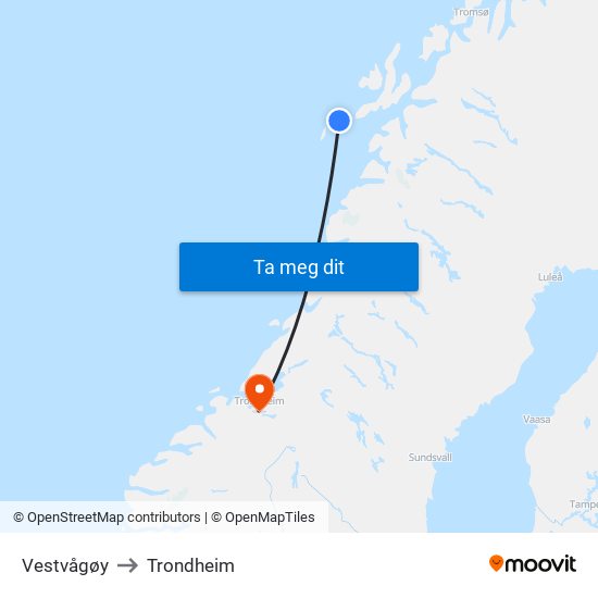 Vestvågøy to Trondheim map