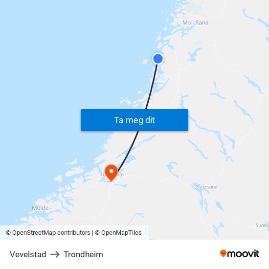 Vevelstad to Trondheim map