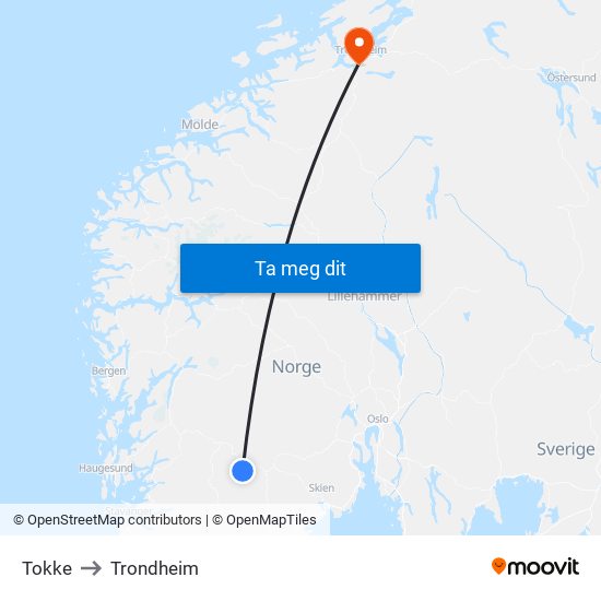 Tokke to Trondheim map