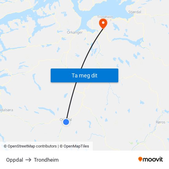 Oppdal to Trondheim map