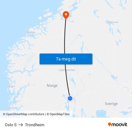 Oslo S to Trondheim map