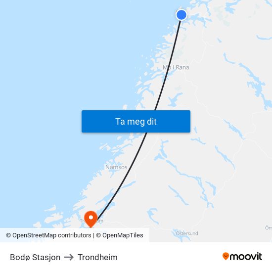 Bodø Stasjon to Trondheim map