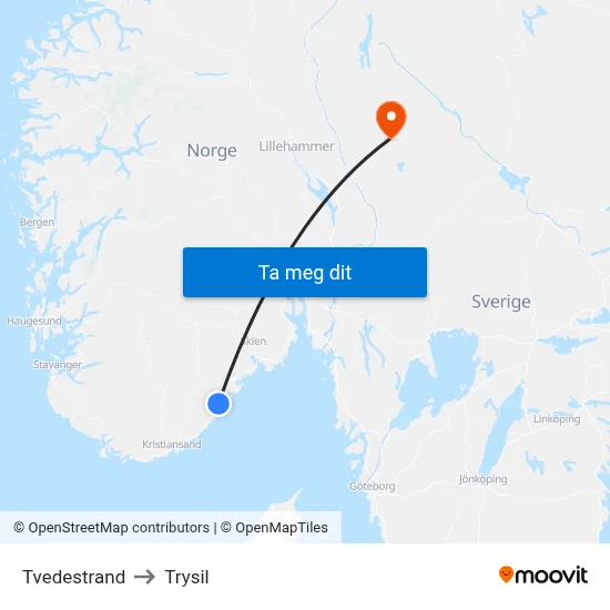 Tvedestrand to Trysil map