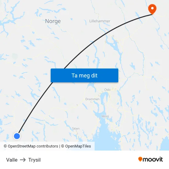 Valle to Trysil map