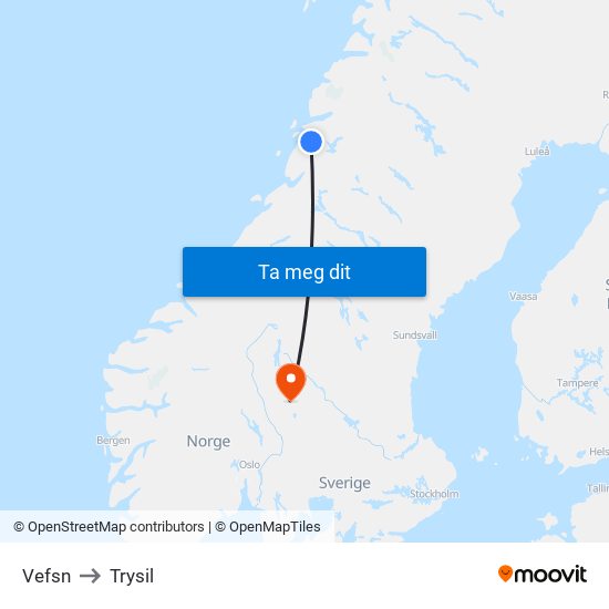 Vefsn to Trysil map