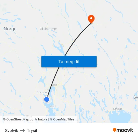 Svelvik to Trysil map