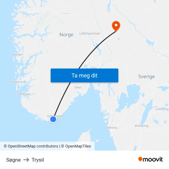 Søgne to Trysil map