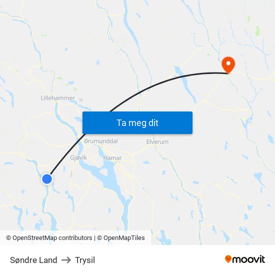 Søndre Land to Trysil map