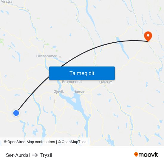 Sør-Aurdal to Trysil map