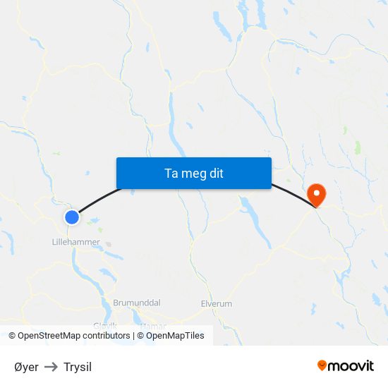 Øyer to Trysil map