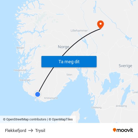 Flekkefjord to Trysil map