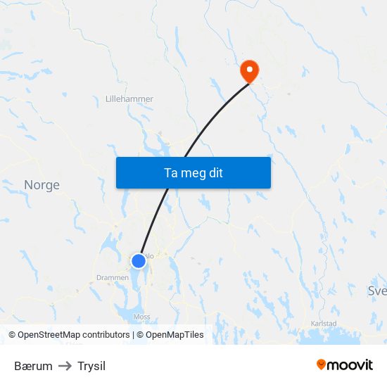 Bærum to Trysil map