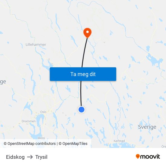 Eidskog to Trysil map
