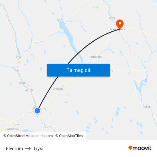 Elverum to Trysil map