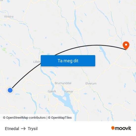 Etnedal to Trysil map