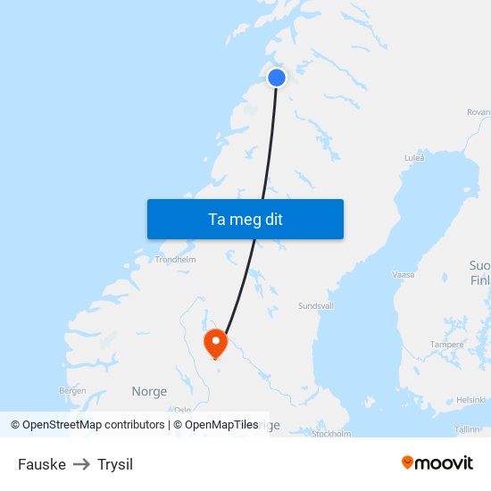 Fauske to Trysil map