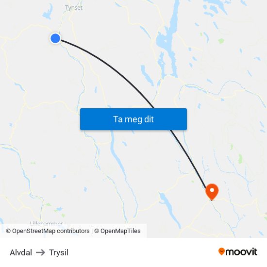 Alvdal to Trysil map