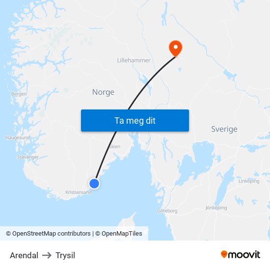 Arendal to Trysil map