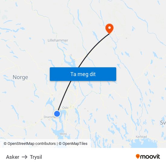 Asker to Trysil map