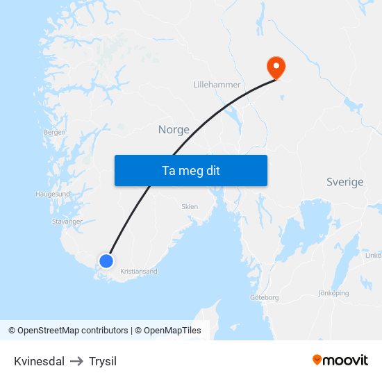 Kvinesdal to Trysil map