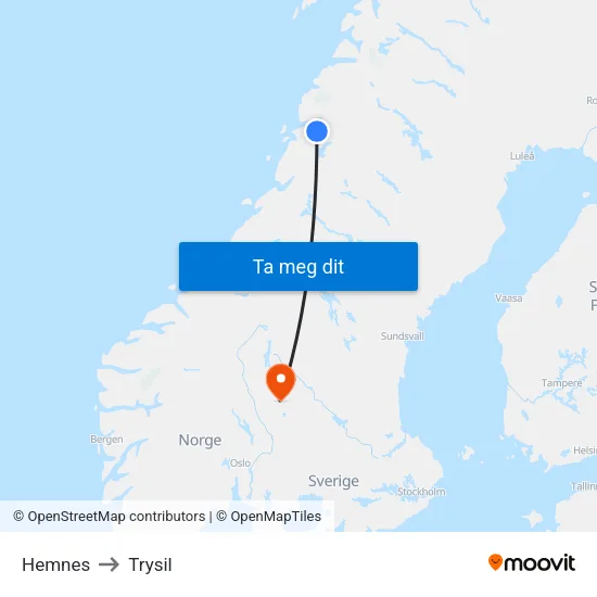 Hemnes to Trysil map
