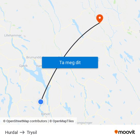 Hurdal to Trysil map