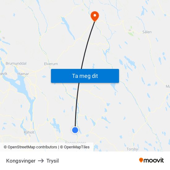 Kongsvinger to Trysil map