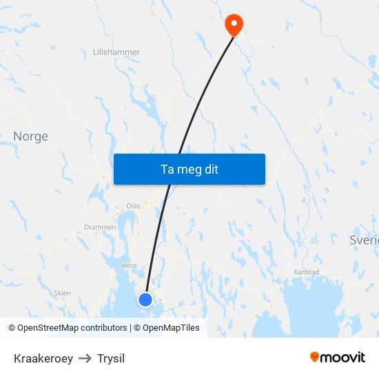 Kraakeroey to Trysil map