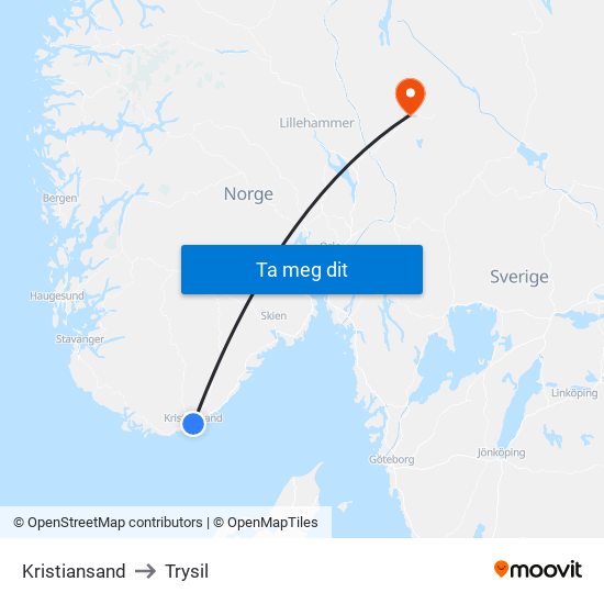 Kristiansand to Trysil map