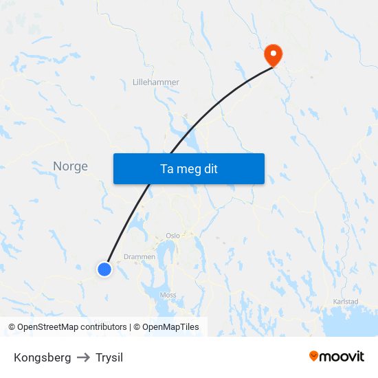 Kongsberg to Trysil map