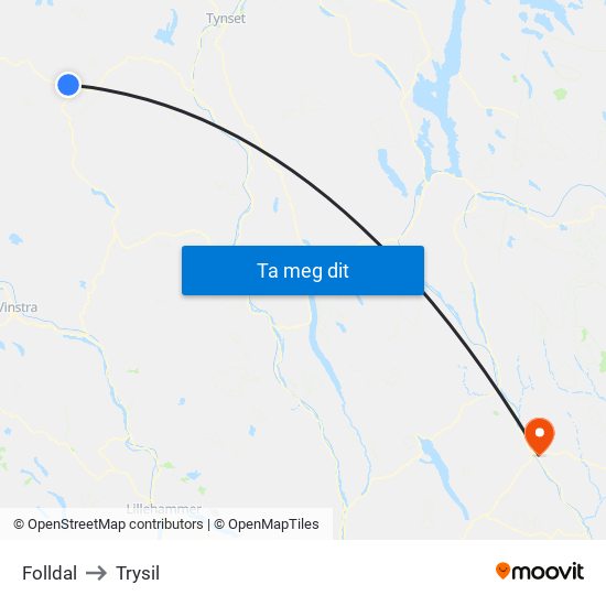 Folldal to Trysil map