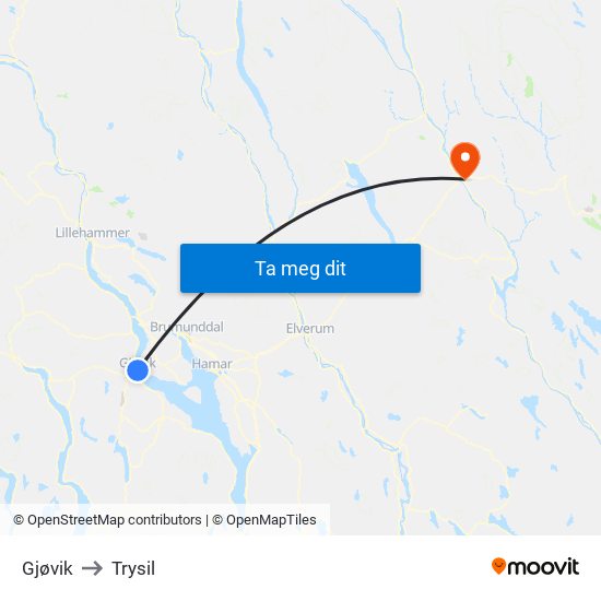 Gjøvik to Trysil map