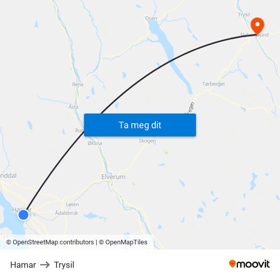 Hamar to Trysil map
