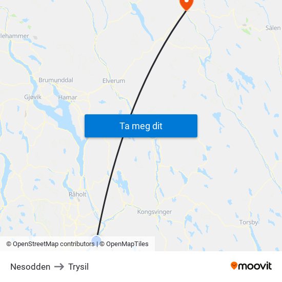 Nesodden to Trysil map