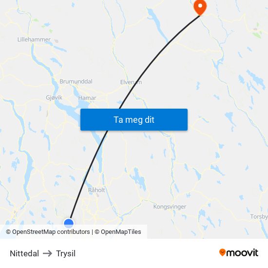 Nittedal to Trysil map