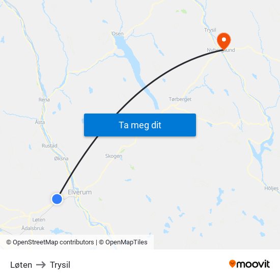 Løten to Trysil map