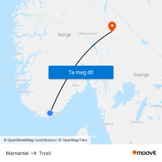 Marnardal to Trysil map