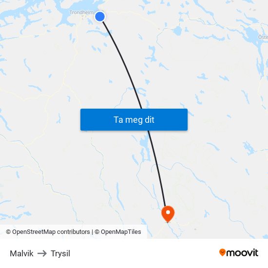 Malvik to Trysil map
