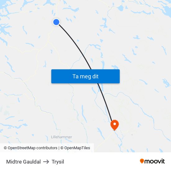 Midtre Gauldal to Trysil map