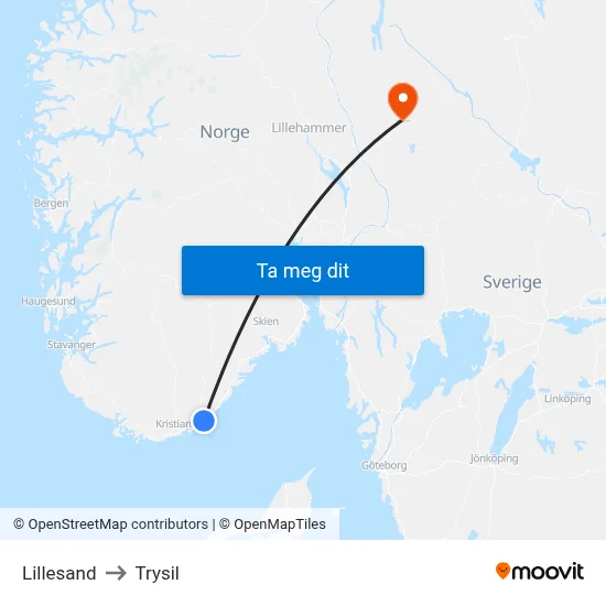 Lillesand to Trysil map